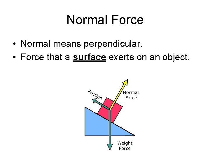 Normal Force • Normal means perpendicular. • Force that a surface exerts on an