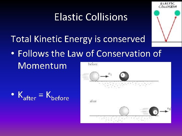 Elastic Collisions Total Kinetic Energy is conserved • Follows the Law of Conservation of