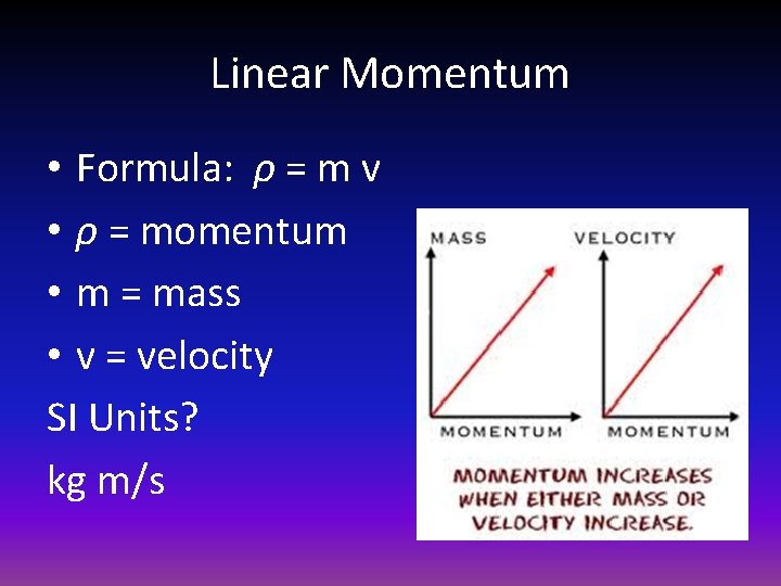Linear Momentum • Formula: ρ = m v • ρ = momentum • m