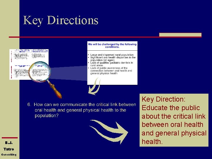 Key Directions B. J. Tatro Consulting Key Direction: Educate the public about the critical