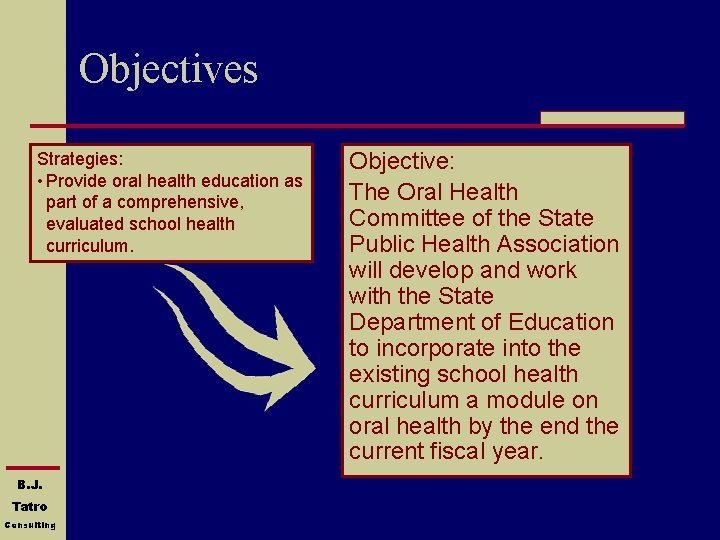 Objectives Strategies: • Provide oral health education as part of a comprehensive, evaluated school