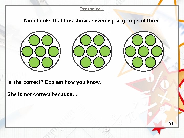 Reasoning 1 Nina thinks that this shows seven equal groups of three. Is she