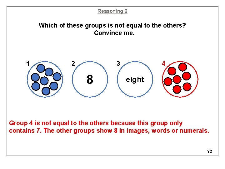 Reasoning 2 Which of these groups is not equal to the others? Convince me.