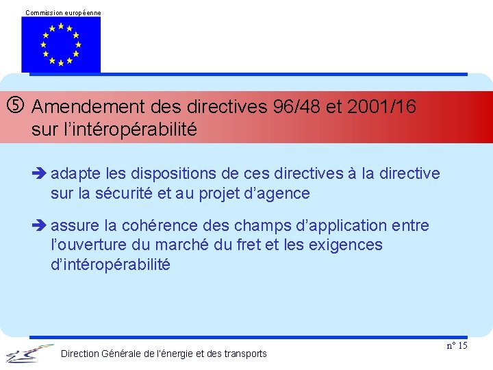 Commission européenne Amendement des directives 96/48 et 2001/16 sur l’intéropérabilité adapte les dispositions de