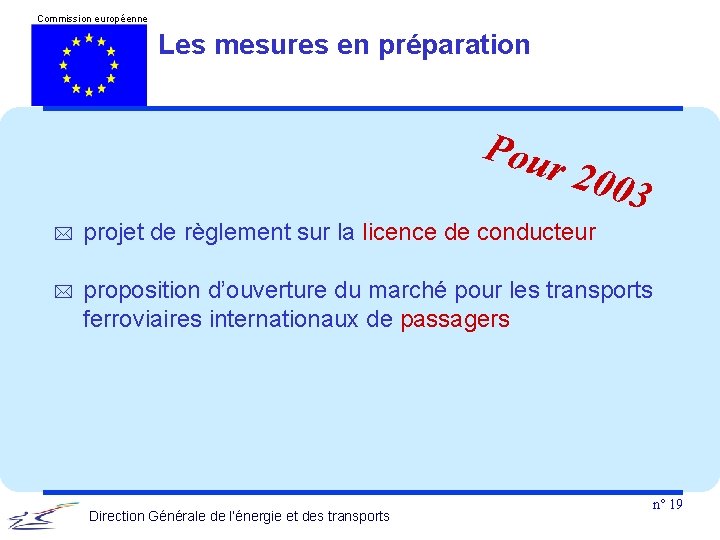 Commission européenne Les mesures en préparation Pou r 20 03 * projet de règlement