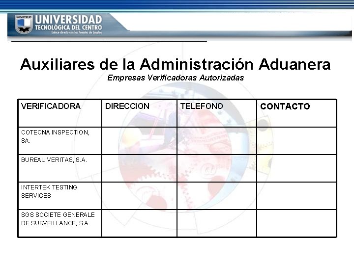 Auxiliares de la Administración Aduanera Empresas Verificadoras Autorizadas VERIFICADORA COTECNA INSPECTION, SA. BUREAU VERITAS, Auxiliares de la Administración Aduanera Empresas Verificadoras Autorizadas VERIFICADORA COTECNA INSPECTION, SA. BUREAU VERITAS,