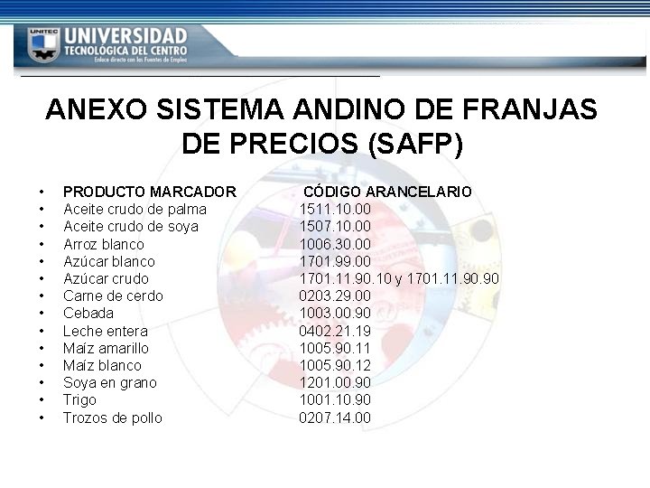 ANEXO SISTEMA ANDINO DE FRANJAS DE PRECIOS (SAFP) • • • • PRODUCTO MARCADOR ANEXO SISTEMA ANDINO DE FRANJAS DE PRECIOS (SAFP) • • • • PRODUCTO MARCADOR