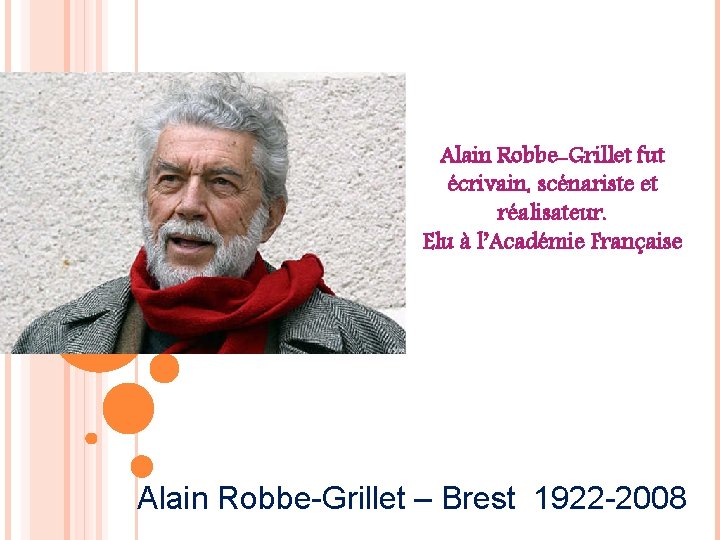 Alain Robbe-Grillet fut écrivain, scénariste et réalisateur. Elu à l’Académie Française Alain Robbe-Grillet –