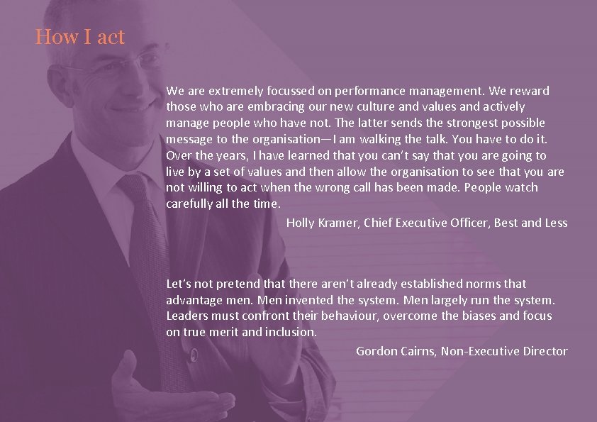 How I act We are extremely focussed on performance management. We reward those who