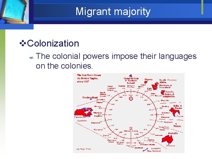 Migrant majority v. Colonization The colonial powers impose their languages on the colonies. 