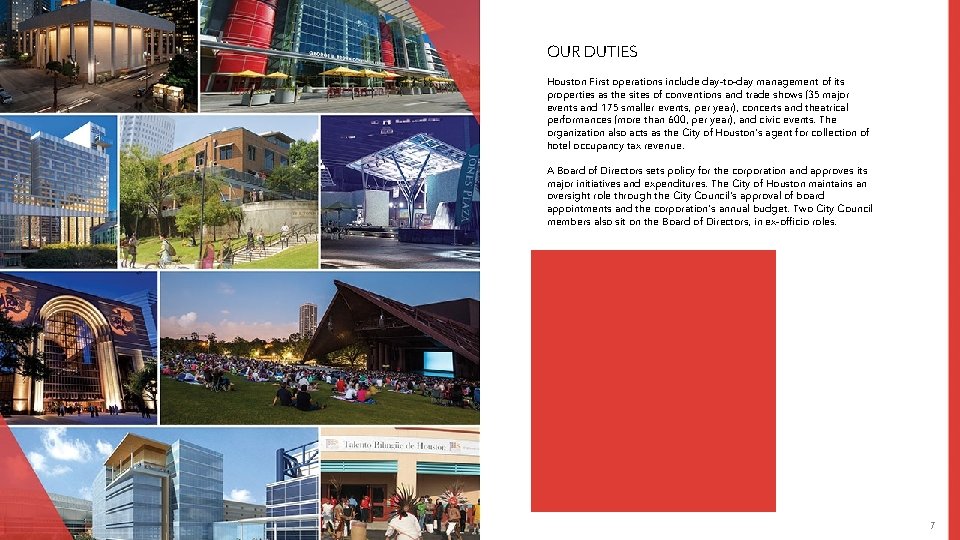 OUR DUTIES Houston First operations include day-to-day management of its properties as the sites OUR DUTIES Houston First operations include day-to-day management of its properties as the sites