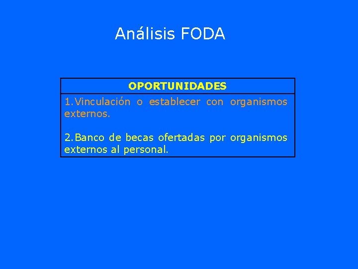 Análisis FODA OPORTUNIDADES 1. Vinculación o establecer con organismos externos. 2. Banco de becas Análisis FODA OPORTUNIDADES 1. Vinculación o establecer con organismos externos. 2. Banco de becas
