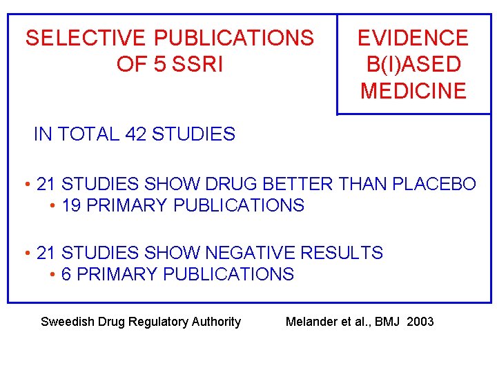 SELECTIVE PUBLICATIONS OF 5 SSRI EVIDENCE B(I)ASED MEDICINE IN TOTAL 42 STUDIES • 21