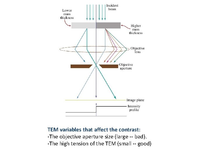 TEM variables that affect the contrast: -The objective aperture size (large -- bad). -The