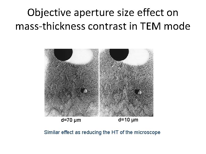 Objective aperture size effect on mass-thickness contrast in TEM mode d=70 μm d=10 μm