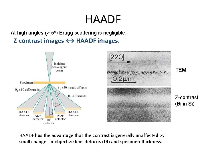 HAADF At high angles (> 5 o) Bragg scattering is negligible: Z-contrast images ↔