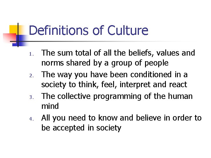 Definitions of Culture 1. 2. 3. 4. The sum total of all the beliefs, Definitions of Culture 1. 2. 3. 4. The sum total of all the beliefs,