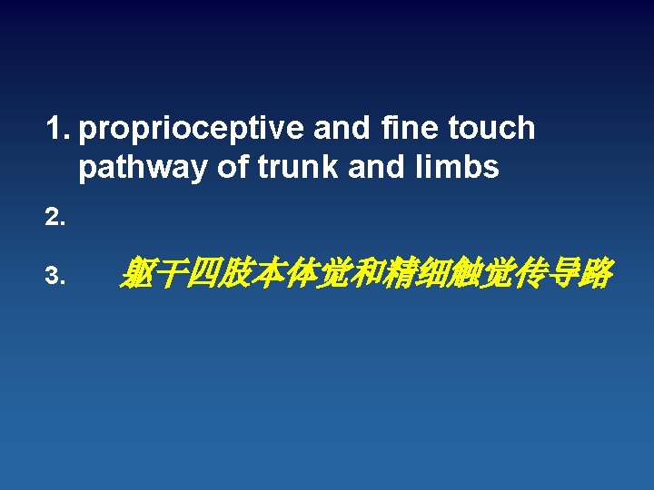 1. proprioceptive and fine touch pathway of trunk and limbs 2. 3. 躯干四肢本体觉和精细触觉传导路 