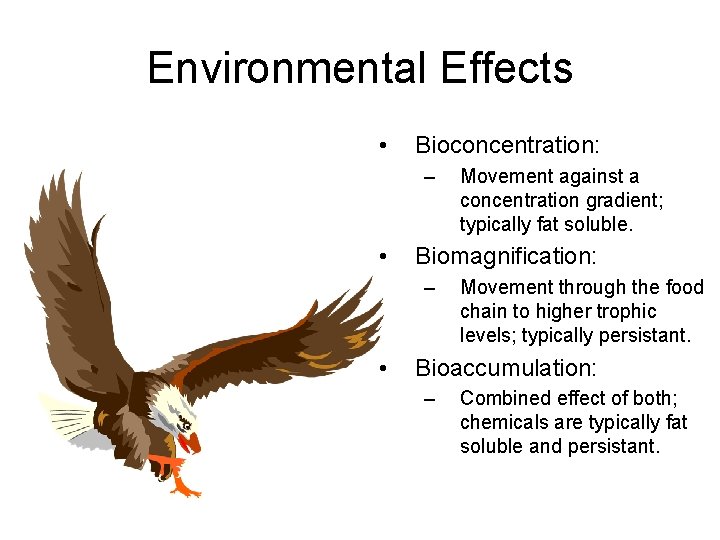 Environmental Effects • Bioconcentration: – • Biomagnification: – • Movement against a concentration gradient;