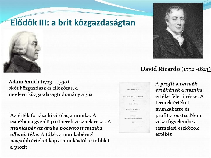 Elődök III: a brit közgazdaságtan David Ricardo (1772 -1823) Adam Smith (1723 – 1790)