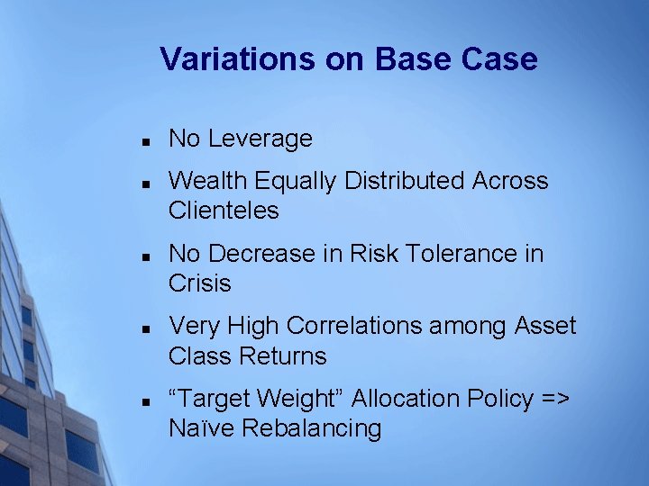 Variations on Base Case n n n No Leverage Wealth Equally Distributed Across Clienteles