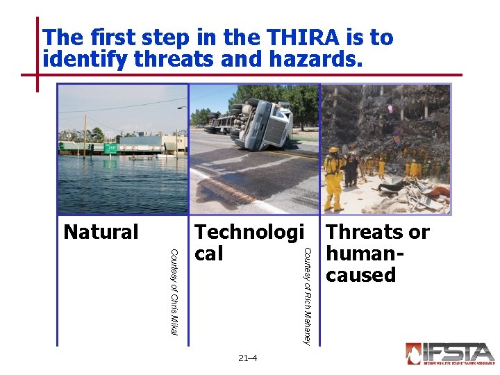 The first step in the THIRA is to identify threats and hazards. Natural Courtesy