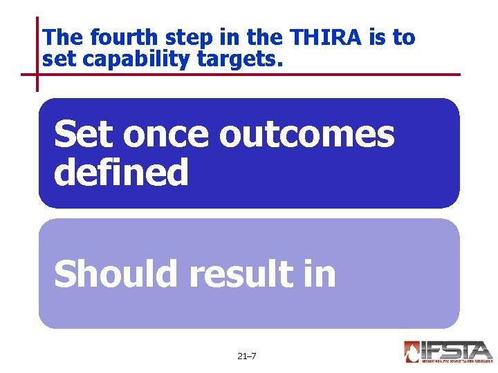 The fourth step in the THIRA is to set capability targets. Set once outcomes