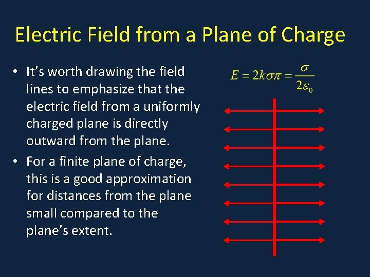 Electric Field from a Plane of Charge • It’s worth drawing the field lines