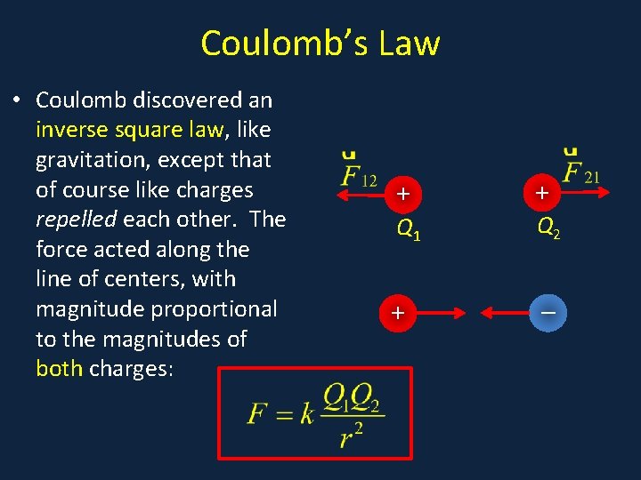Coulomb’s Law • Coulomb discovered an inverse square law, like gravitation, except that of
