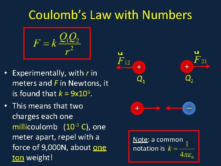 Coulomb’s Law with Numbers • a • Experimentally, with r in meters and F