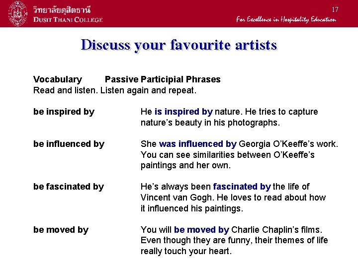 17 Discuss your favourite artists Vocabulary Passive Participial Phrases Read and listen. Listen again
