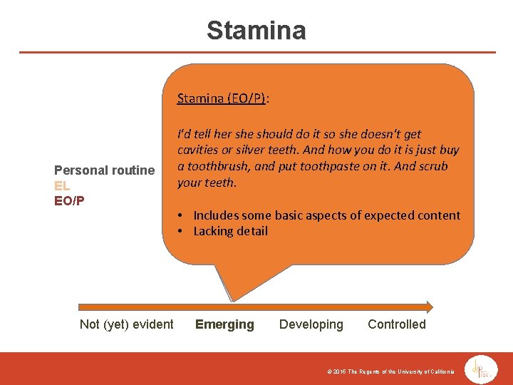 Stamina (EL): Stamina (EO/P): Personal routine EL EO/P Because it's important if it stays