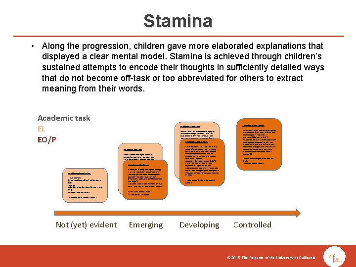 Stamina • Along the progression, children gave more elaborated explanations that displayed a clear