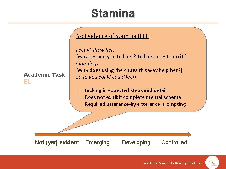 Stamina No Evidence of Stamina (EL): Academic Task EL I could show her. [What