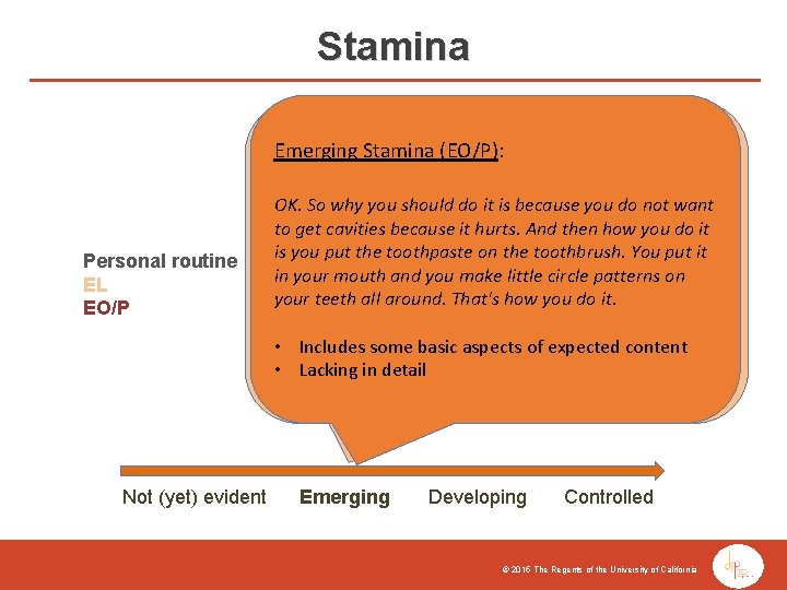 Stamina Emerging Stamina (EL): Emerging Stamina (EO/P): Personal routine EL EO/P Not (yet) evident