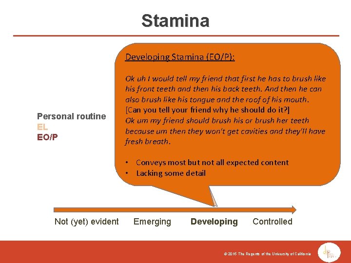Stamina Developing Stamina (EL): Developing Stamina (EO/P): Personal routine EL EO/P You how you