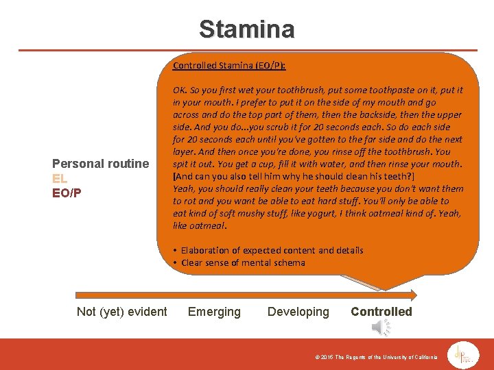 Stamina Controlled Stamina (EO/P): Controlled Stamina (EL): Personal routine EL EO/P OK. So you