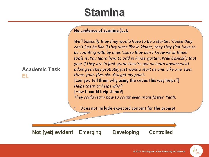 Stamina No Evidence of Stamina (EL): Academic Task EL Well basically they would have