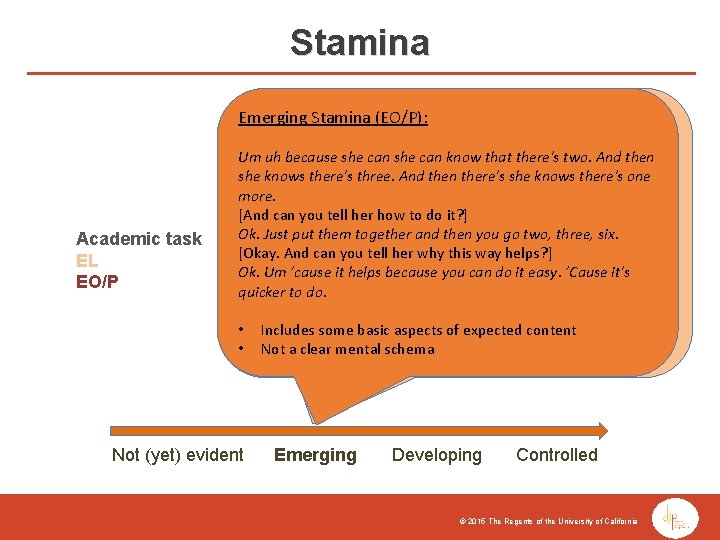 Stamina Emerging Stamina (EO/P): Emerging Stamina (EL): Academic task EL EO/P Um uh because