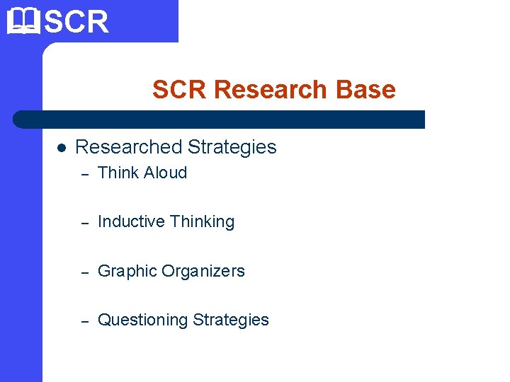  SCR Research Base l Researched Strategies – Think Aloud – Inductive Thinking –