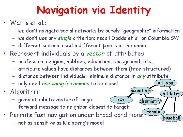 Navigation via Identity • Watts et al. : – we don’t navigate social networks
