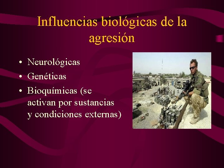Influencias biológicas de la agresión • Neurológicas • Genéticas • Bioquímicas (se activan por