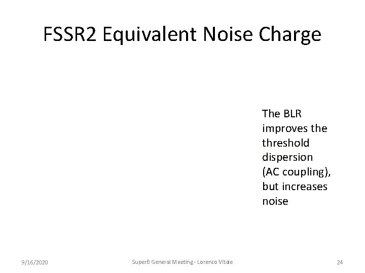 FSSR 2 Equivalent Noise Charge The BLR improves the threshold dispersion (AC coupling), but