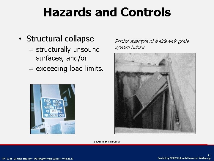 Hazards and Controls • Structural collapse – structurally unsound surfaces, and/or – exceeding load