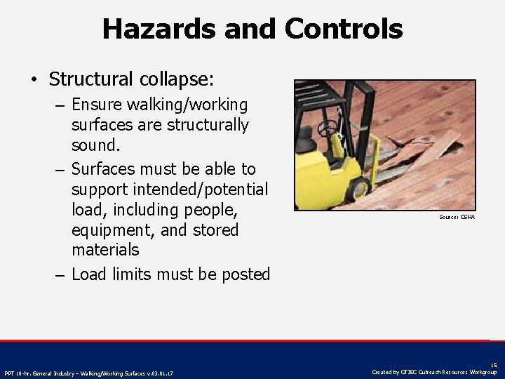 Hazards and Controls • Structural collapse: – Ensure walking/working surfaces are structurally sound. –