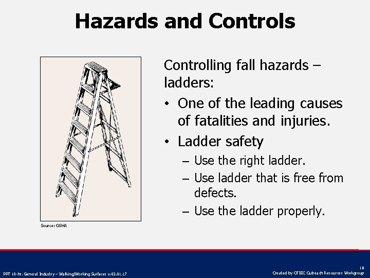 Hazards and Controls Controlling fall hazards – ladders: • One of the leading causes