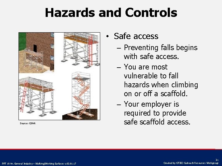 Hazards and Controls • Safe access Source: OSHA PPT 10 -hr. General Industry –