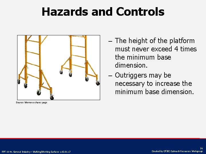 Hazards and Controls – The height of the platform must never exceed 4 times
