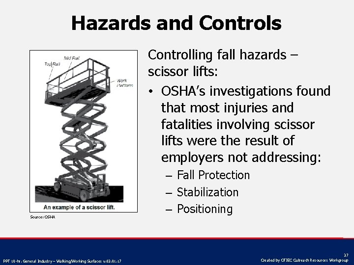Hazards and Controls Controlling fall hazards – scissor lifts: • OSHA’s investigations found that