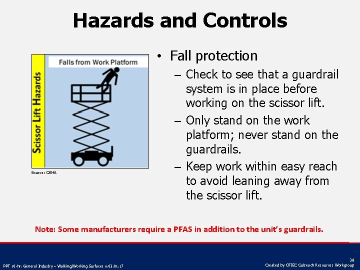 Hazards and Controls • Fall protection Source: OSHA – Check to see that a